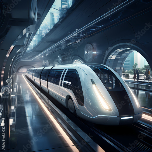 Futuristic train traveling through a tunnel. 