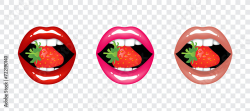 Beautiful sexy plump glossy female lips holds strawberry, red, pink and beige nude colors. Set of isolated vector illustrations on transparent background