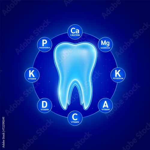 Minerals calcium fluoride potassium magnesium and vitamins. Essential nutrients for teeth healthy prevents tooth decay and gingivitis. Oral treatment. Health care medical dentist concepts. Vector.