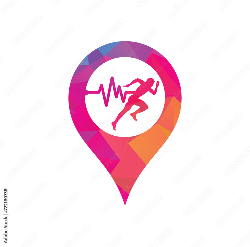 Pulse marathon map pin shape concept logo design icon vector. Running man with line ecg heartbeat icon.