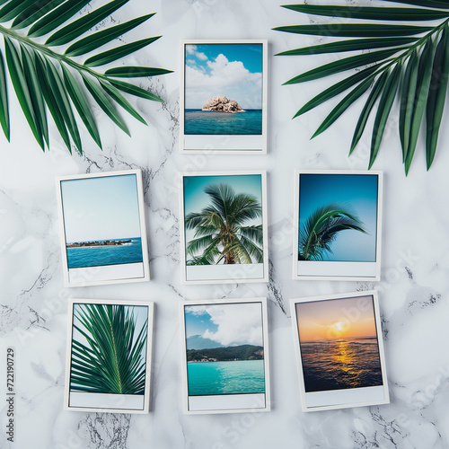 Mock-up d'un moodboard avec 7 photo insta posées sur une table en marbre avec 2 branches de palmier. Les photos remplissant les mock-up représentent la mer, les îles et des palmiers