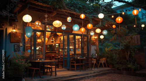 A quaint little neighbourhood cafe with hanging lanterns and outdoor seats.
 photo