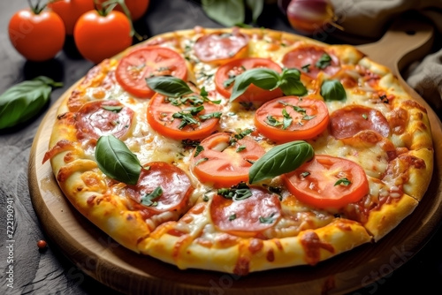 PIZZA WITH TOMATO SLICES AND BASIL LEAVES.
