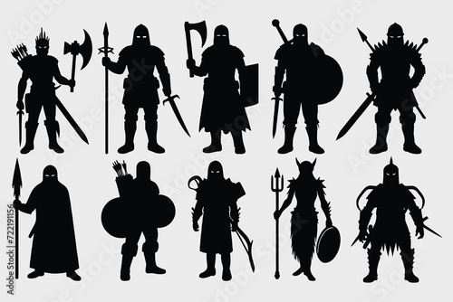 silhouettes of warriors and knights with different weapons and armor. a set of vectors