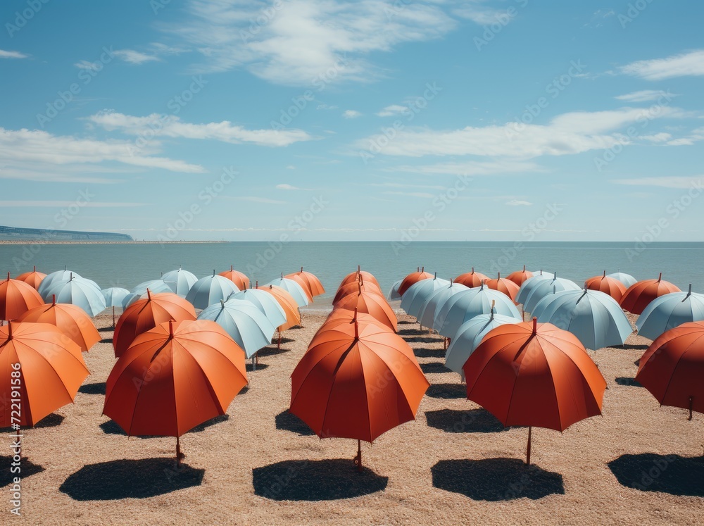 A colorful cluster of umbrellas stands tall against the blue sky, providing shade and style on the sandy beach while fluffy clouds float lazily overhead A colorful cluster of umbrellas stands tall against the blue sky, providing shade and style on the sandy beach while fluffy clouds float lazily overhead