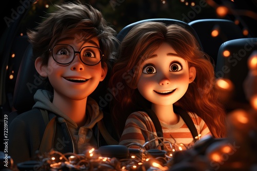 A cheerful cartoon girl with a human face and glasses drives a car with a smile on her face, while a lit candle sits on the dashboard and her clothing flutters in the wind