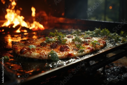 Sizzling on the barbecue grill  a mouthwatering pizza topped with savory meats awaits to satisfy cravings for fast food and the taste of authentic cuisine