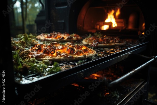 Sizzling slices of mouthwatering pizza emerge from the indoor oven  evoking the savory scents of a backyard barbecue and the convenience of fast food