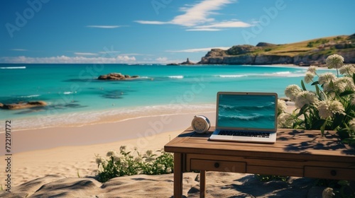 A laptop screen featuring a text message  SMS  authentication prompt against a backdrop of a serene beach  symbolizing the tranquil security delivered by a simple alphanumeric code.