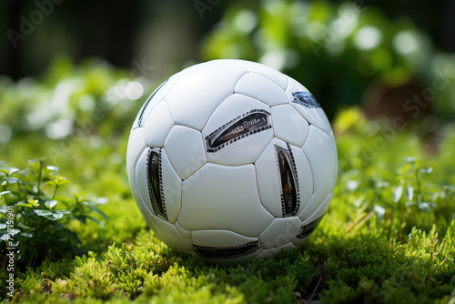 A round soccer ball rests on the lush green grass  patiently awaiting the start of the exhilarating outdoor game ahead