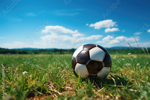 Amidst the vibrant green grass and beneath the endless blue sky, a football ball rests peacefully, symbolizing the power of teamwork and the thrill of the beautiful game © LifeMedia