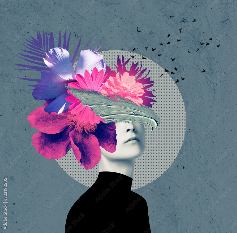 Abstract contemporary art collage portrait of young woman with flowers on face hides her eyes