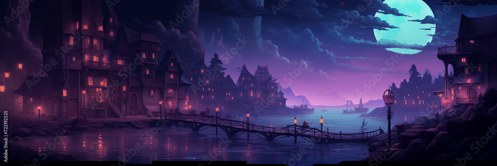 Dark Mysterious Village. Background image 3808x1280 pixels. Neo Game Art 017