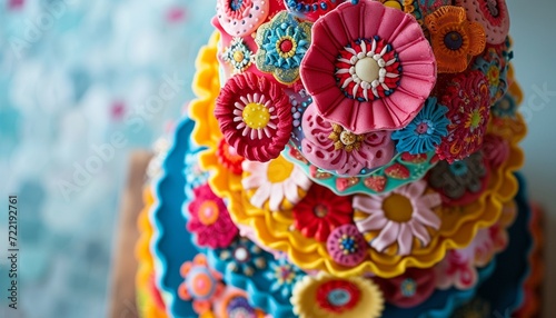 An exquisite top-down view of a tiered birthday cake, intricately decorated with fondant details, vibrant colors, and an array of edible embellishments