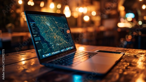 A laptop screen showcasing a location-based authentication interface, highlighting the reliance on geographic coordinates as a key factor in securing digital access.