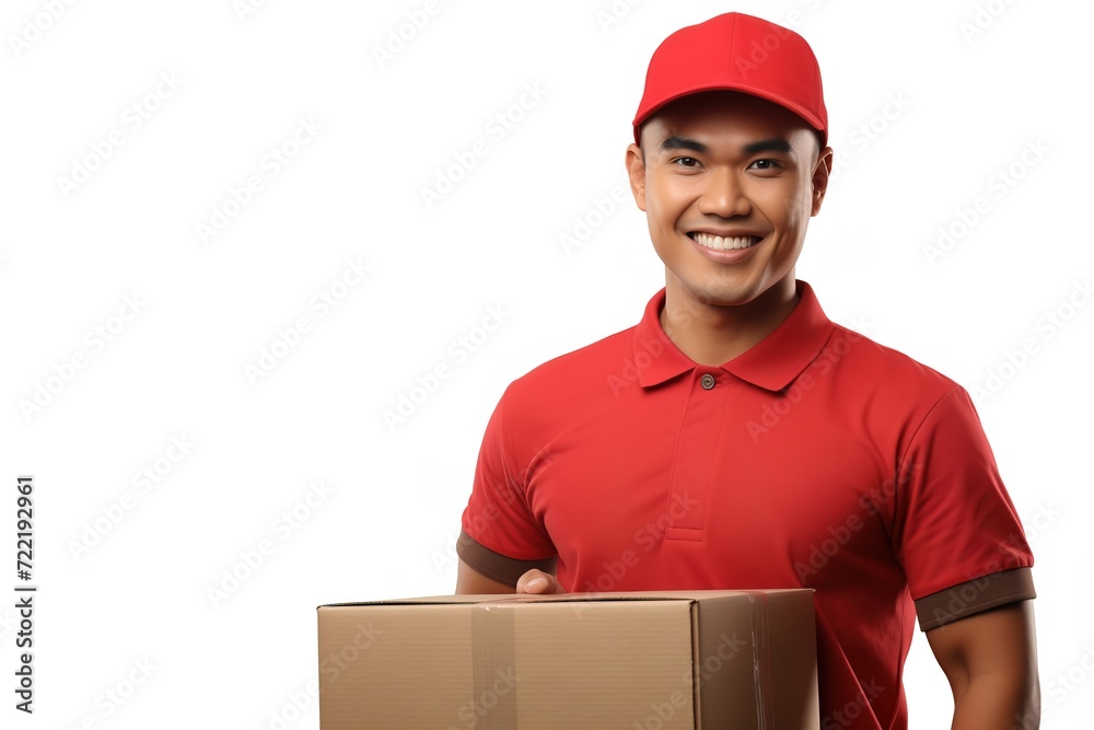  delivery man smiling with a box in his hand.