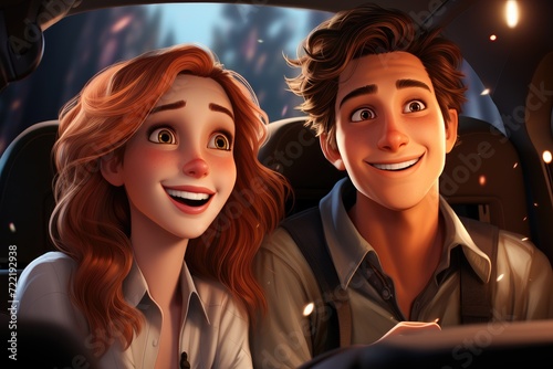 A joyful couple takes a road trip, their faces radiating happiness as they cruise in their vintage car, surrounded by the comfort of the indoor setting