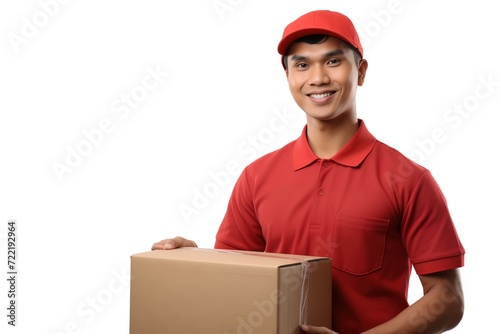  delivery man smiling with a box in his hand. © Rumi X