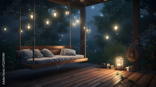 Enchanted Evening Swing Under Starlit Canopy AI-Generative photo