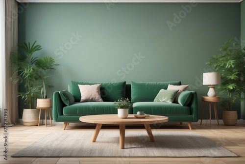 Wooden table in front of green couch in spacious living room interior with plants and lamps © Dhiandra