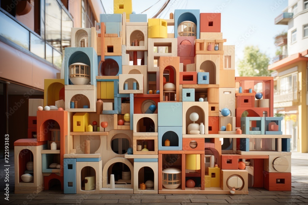 A vibrant group of wooden blocks create a colorful structure on the grass outside a house, framed by a window, evoking feelings of creativity and childhood imagination