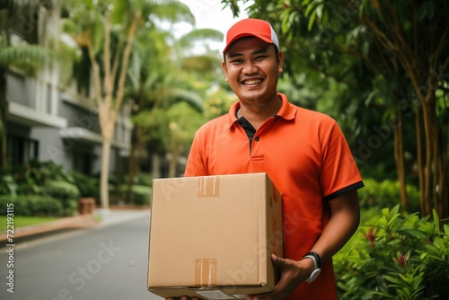  delivery man smiling with a box in his hand.