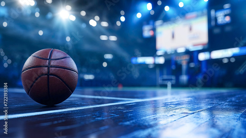 Basketball on the court's floor, news station sports background, sports season. 