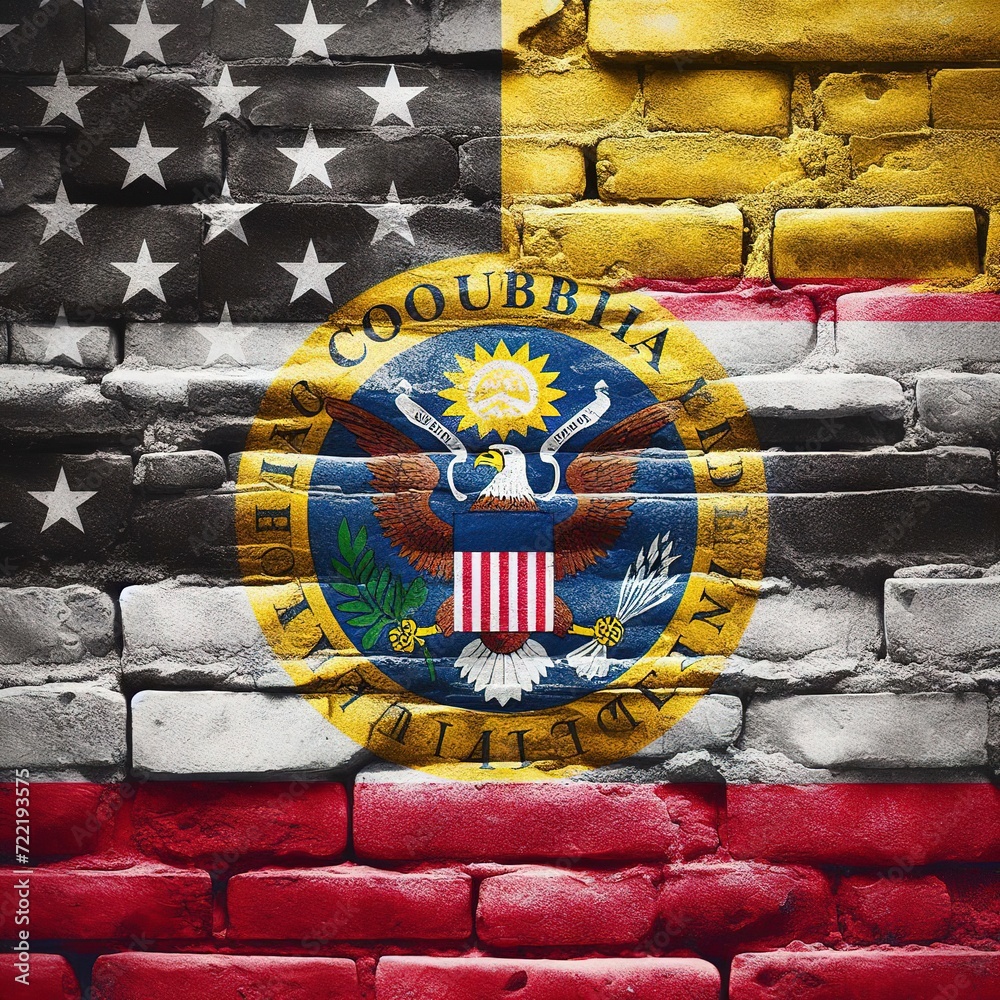 Columbia flag overlay on old granite brick and cement wall texture for background use