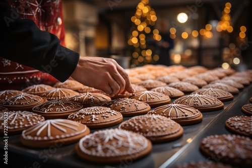 A person indulging in the sweet temptation of freshly baked cookies at an indoor bakery shop, surrounded by delectable pastries and doughnuts photo