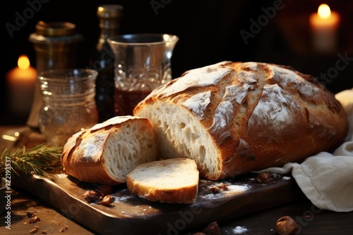 A rustic, golden loaf of sourdough bread sits atop a wooden cutting board, surrounded by flickering candles and other baked goods, representing the comforting familiarity and nourishment of this stap