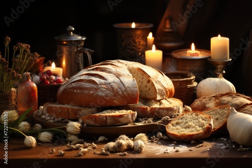A warm candle flickers in the background as a freshly baked loaf of bread sits on a rustic plate, surrounded by a few slices of its golden brown companions, creating a cozy and comforting still life 
