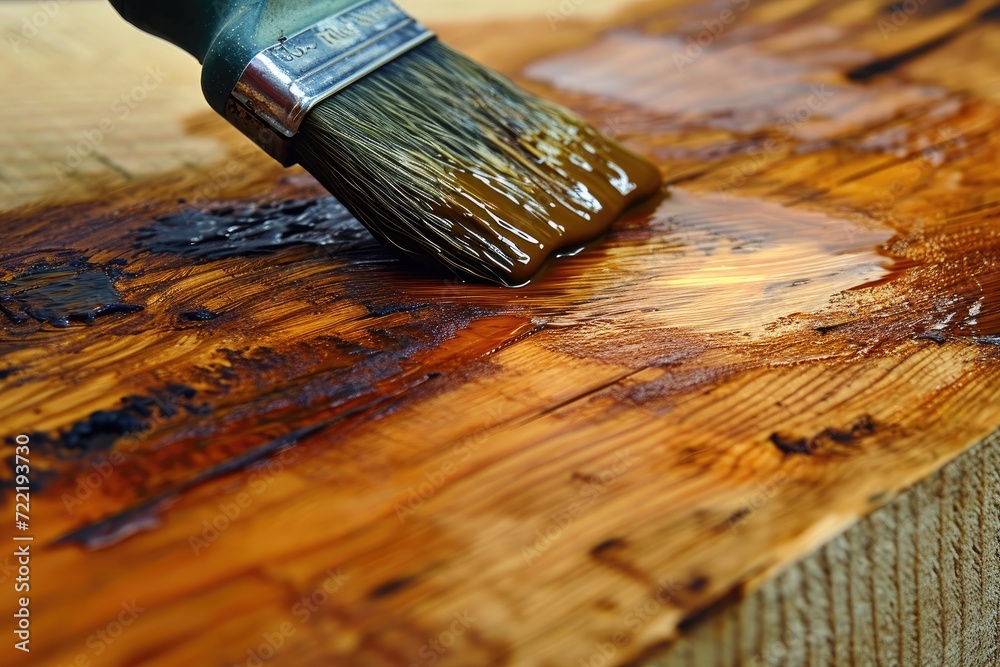 A worn paintbrush rests atop a wooden floor, its bristles still carrying the marks of countless artistic endeavors A worn paintbrush rests atop a wooden floor, its bristles still carrying the marks of countless artistic endeavors