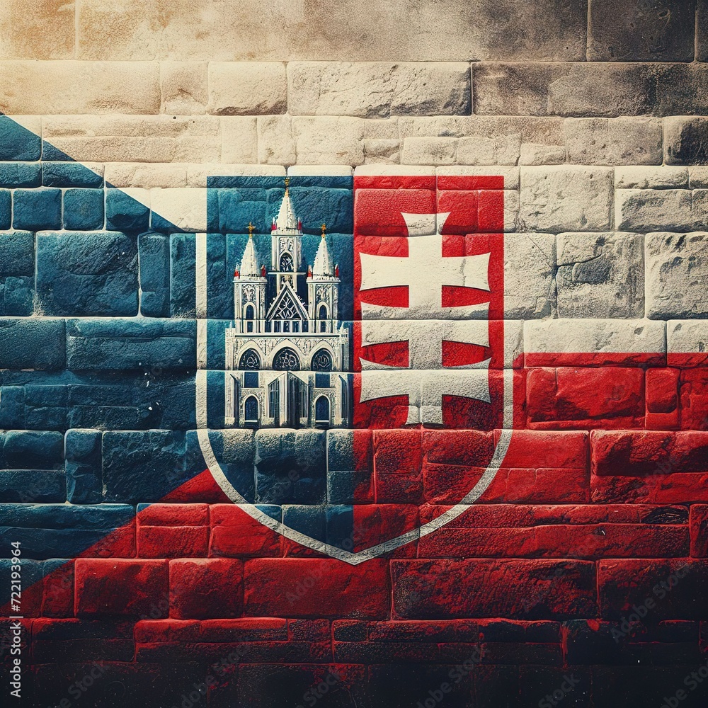 Czech Republic flag overlay on old granite brick and cement wall texture for background use