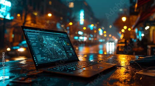 A laptop screen showcasing a location-based authentication interface, highlighting the reliance on geographic coordinates as a key factor in securing digital access.