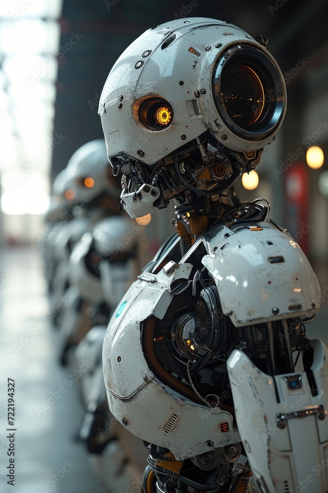A row of meticulously crafted automaton, adorned in stylish robotic clothing, stand in perfect synchronization, exuding a sense of both unity and individuality A row of meticulously crafted automaton, adorned in stylish robotic clothing, stand in perfect synchronization, exuding a sense of both unity and individuality