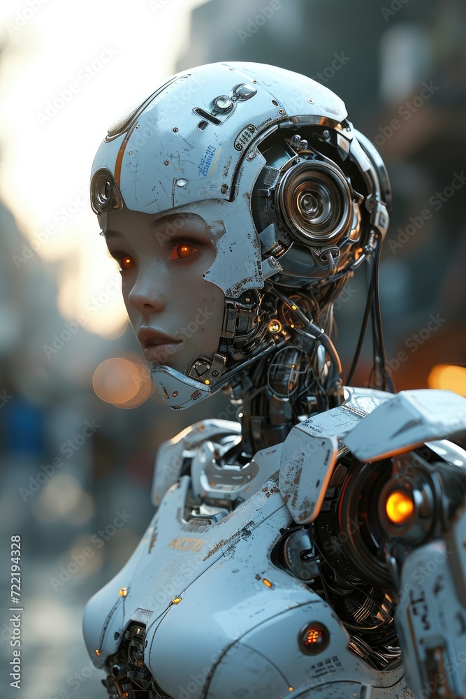 An automaton with fiery red eyes and a luminous face stands outdoors, dressed in sleek and modern clothing, exuding a sense of otherworldly mystery and technological advancement An automaton with fiery red eyes and a luminous face stands outdoors, dressed in sleek and modern clothing, exuding a sense of otherworldly mystery and technological advancement