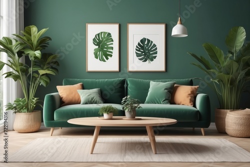 Wooden table in front of green couch in spacious living room interior with plants and lamps