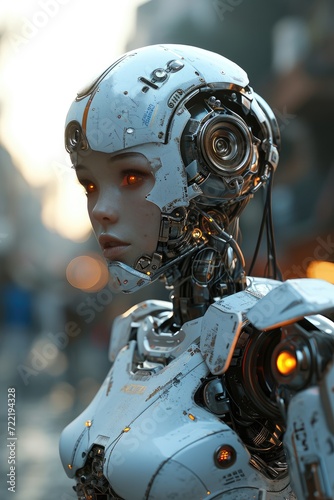 An automaton with fiery red eyes and a luminous face stands outdoors, dressed in sleek and modern clothing, exuding a sense of otherworldly mystery and technological advancement
