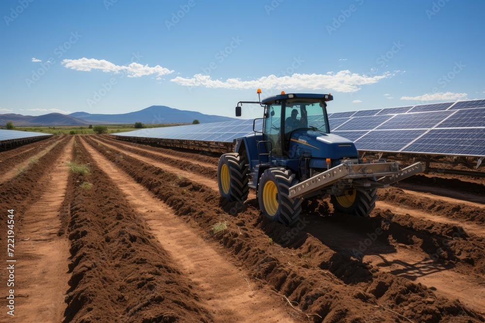 Fototapeta premium A powerful tractor harnessing the sun's energy in a lush field, surrounded by the majestic mountains, ready to cultivate the land and transport us to a sustainable future