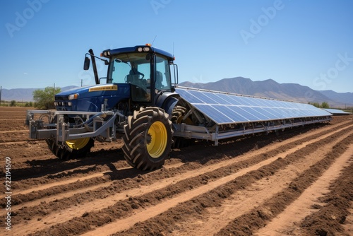 A sustainable and powerful tractor, with a solar panel on its back, stands tall against the wide open sky on a farm nestled among the mountains, ready to tend to the land with its sturdy wheels and t photo