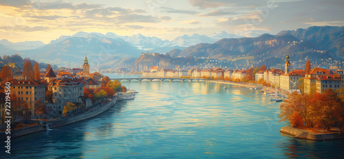 Beautiful Switzerland city painting in the style of golden light