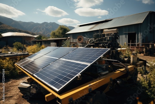 Against a clear blue sky, a solar panel on a trailer harnesses the power of the sun, providing renewable energy to a house nestled in the mountains