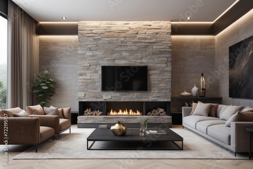 modern living room interior with stone wall and fireplace in luxury home