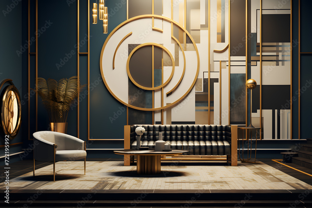 Living room space featuring a mix of bold geometric wall Living room space featuring a mix of bold geometric wall