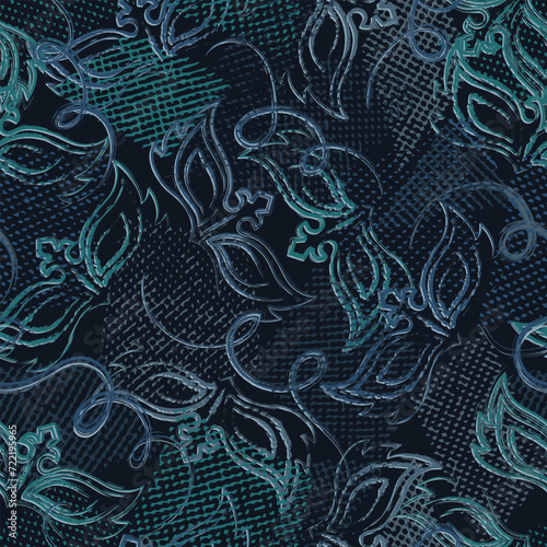 Seamless blue camouflage pattern with random scattered carnival masks, overlapping tulle pieces. Random composition. For apparel, fabric, textile, sport goods Grunge texture