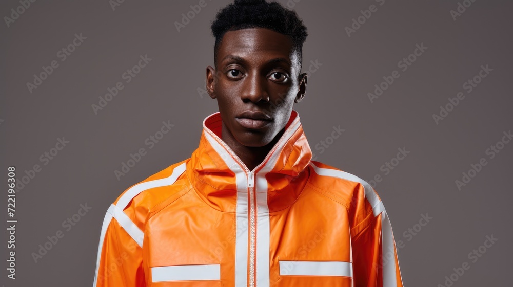 Obraz premium A man confidently walks down the city street, wearing a vibrant orange and white jacket.