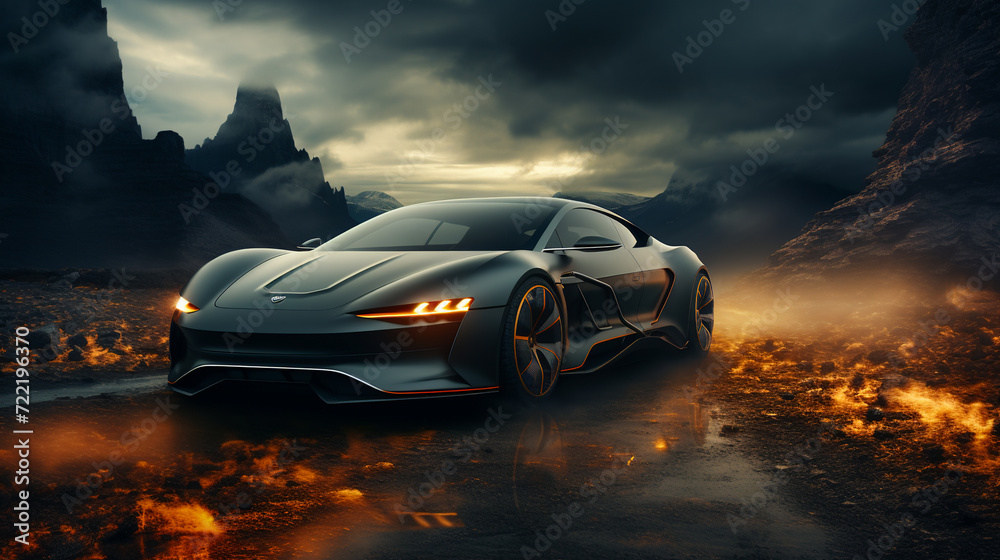 Naklejka premium Black sports car on drak dramatic cloudy