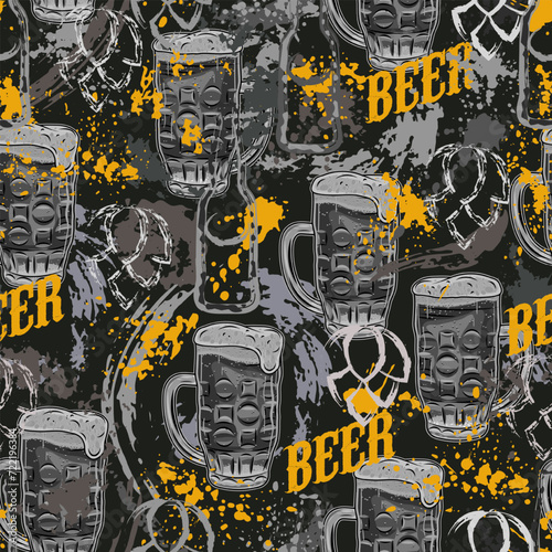 Gray grunge camouflage pattern with beer glass, abstract paint splatter, smudges, brushstrokes, blots. Outline silhouette of bottles, hop cones. Random composition.