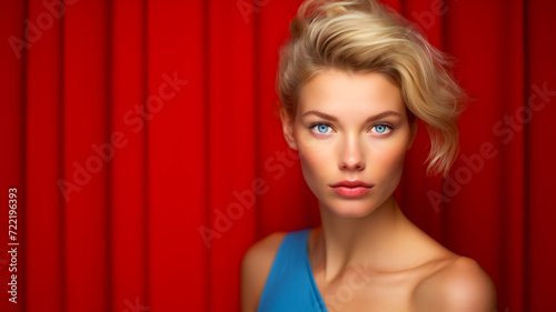 Blonde Woman with Blue Eyes on Red