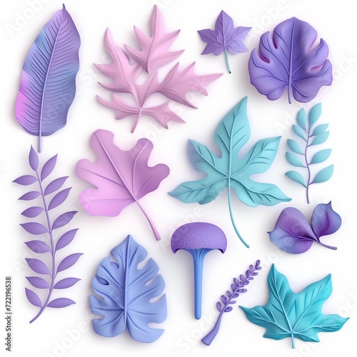 Playful set of handcrafted plasticine leaves and mushroom in whimsical purple  pink  and blue  perfect for vibrant and fun nature-themed crafts.